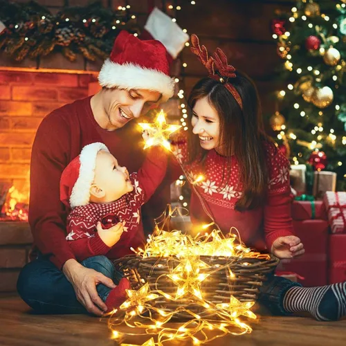 Vista 6 de Decoración de luces de Navidad al aire libre de 13.8 pies, 200 luces LED con 12 estrellas, 8 modos de luces de hadas regulables para decoración