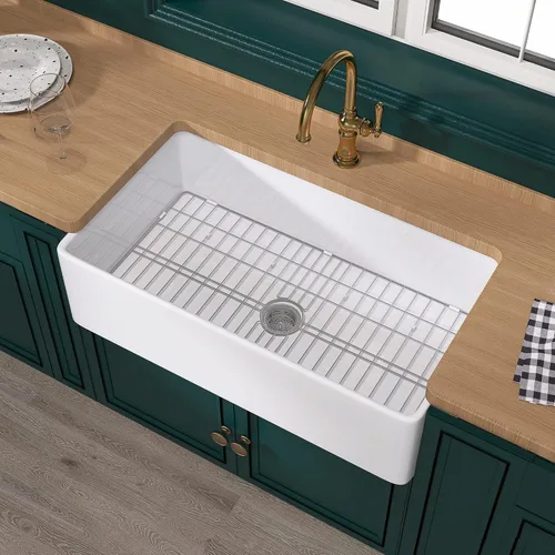 Vista 15 de Miuara Farmhouse - Fregadero de cocina frontal con delantal de arcilla refractaria de hueso de 33 x 18 pulgadas For kitchen, Heavy duty fireclay