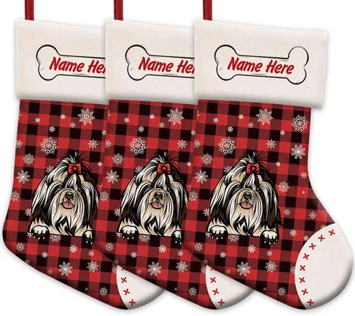 Vista 24 de Foto personalizada, Feliz Navidad, búfalo rojo, a cuadros, feliz perro, calcetín de Navidad, copo de nieve, decoración de vacaciones, calcetín