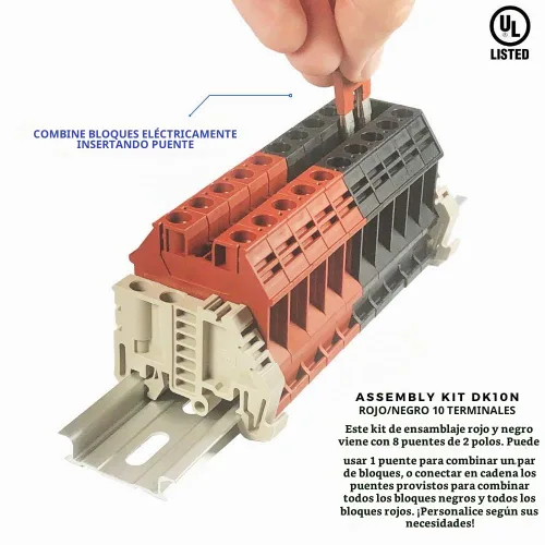 Vista 2 de Dinkle Assembly Kit DK10N Red/Black 10 Gang with Jumpers DIN Rail Terminal Blocks, 6-20 AWG, 60 Amp, 600 Volt UL Recognized