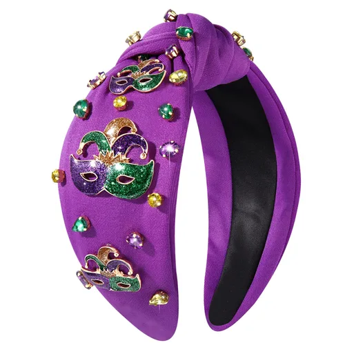 Vista 19 de Diadema de Mardi Gras para mujer, diadema de corona de flor de lis, diadema morada con diamantes de imitación y nudo superior, accesorios