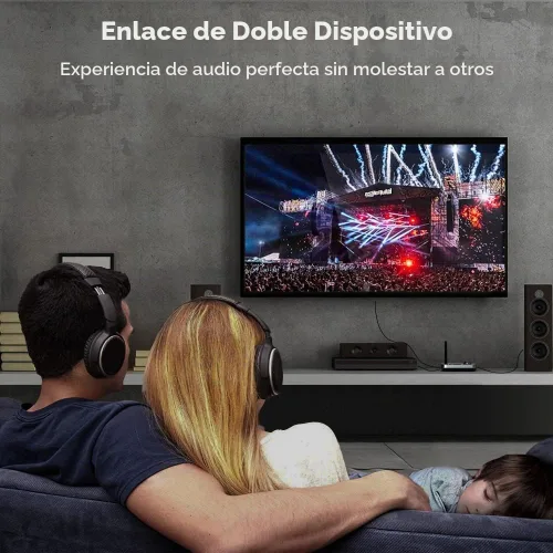Vista 5 de Transmisor Receptor Bluetooth 3 en 1 Adaptador de Audio Bluetooth 5.0 para 2 Auriculares Con Control de Volumen de Bypass, Baja Latencia, Largo