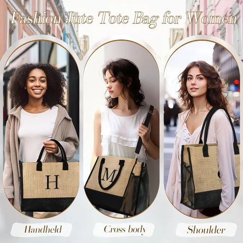 Vista 3 de TOPEAST Jute Initial Tote Bag Burlap Beach Bag Personalized Birthday Gifts for Women Teacher Mom Bridal Bridesmaid Gifts