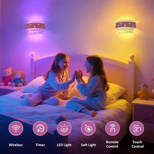 Vista 8 de Lightess Aplique de pared rosa que funciona con pilas para habitación de niñas, lámpara de pared LED regulable con forma de estrella, lámpara
