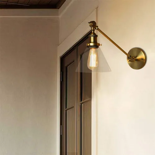 Vista 4 de Iluminación de pared industrial vintage de 1 luz con pantalla de vidrio transparente con brazo oscilante ajustable, lámpara de pared de cabecera