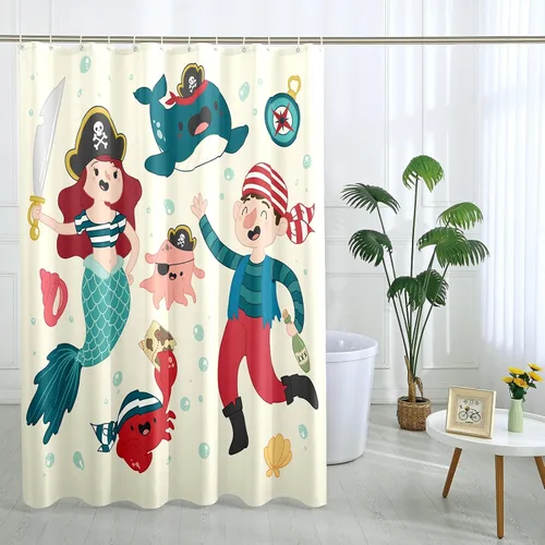 Vista 2 de Cortina de ducha de sirena con ganchos, diseño náutico de dibujos animados, pirata, ballena, océano, pulpo, divertido, beige, poliéster