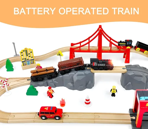 Vista 4 de Tren motorizado para pista de madera, juego de 3 piezas de tren de juguete para niños y niñas de 3, 4, 5+ años, tren con batería compatible