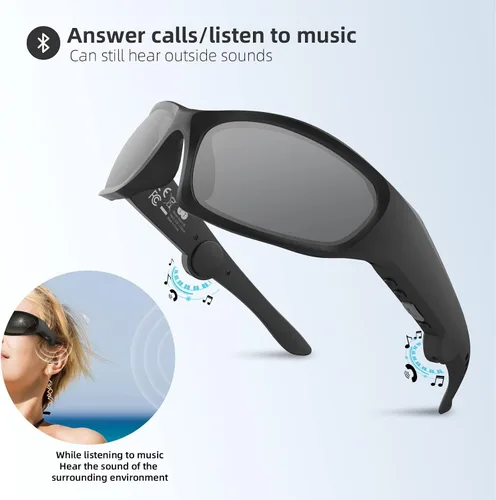 Vista 2 de 5CB - Lentes de sol Bluetooth inteligentes de audio para hombres y mujeres con micrófono de altavoz, lente gris