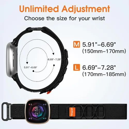 Vista 6 de Bandletic Bandas tácticas resistentes compatibles con Fitbit Versa 4 bandas/Versa 3/Sense 2/Sense, correas deportivas de nailon militar suave y Negro