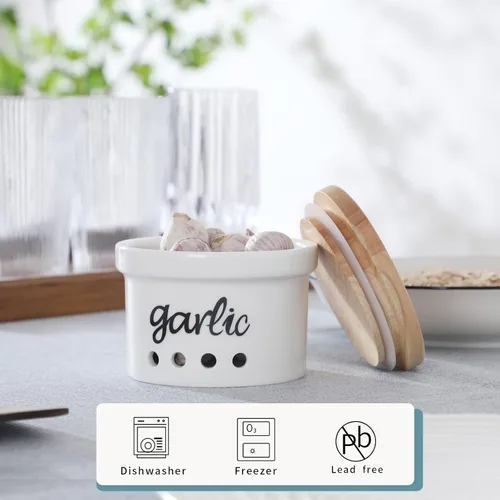Vista 5 de Garlic Keeper con tapa, recipiente de cerámica para encimera, decoración de cocina de granja