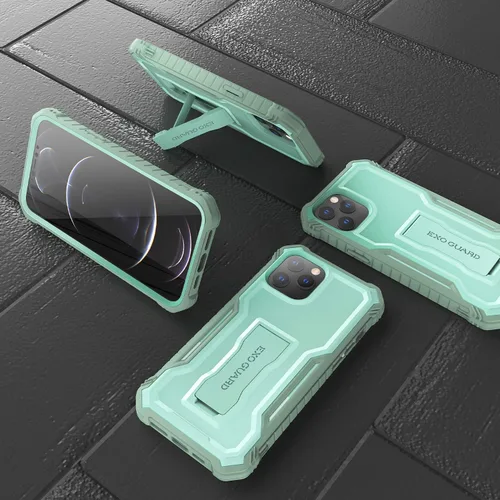 Vista 7 de ExoGuard Compatible con iPhone 12 Pro Max, funda de goma a prueba de golpes de cuerpo completo, protector de pantalla integrado con soporte