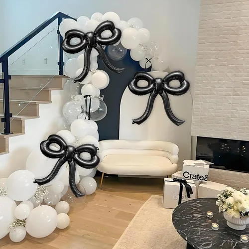 Vista 6 de 2 piezas de decoraciones de cumpleaños con lazo, globos de lazo negro, decoraciones de fiesta con lazo, globo gigante de papel de aluminio