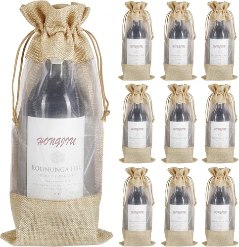 Vista 8 de Shintop 10 bolsas de regalo de vino de arpillera con ventana transparente Rojo