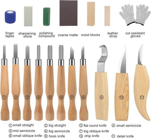 Vista 8 de Kit de tallado de madera, 26 piezas, herramientas de tallado de madera, cuchillos detallados, cuchillos, bloques, guantes, kit de corte