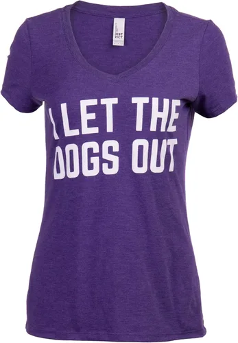 Vista 7 de Camiseta con cuello en V para mujer con texto en inglés "I Let The Dogs Out
