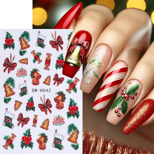 Vista 4 de Calcomanías de uñas de Navidad, calcomanías de uñas de invierno 3D, autoadhesivas, coloridas, cadena de luces, árbol de Navidad, reno, diseño