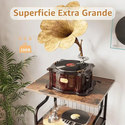 Vista 4 de Soporte para tocadiscos, mesa para tocadiscos de 3 niveles, almacenamiento de discos de vinilo con escritorio extragrande, mesa auxiliar para discos