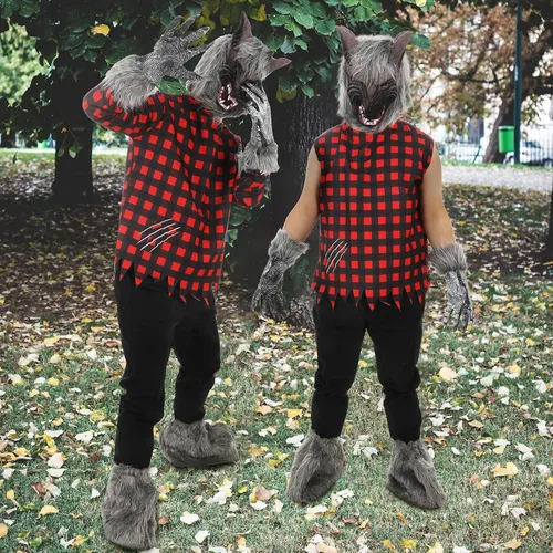 Vista 5 de Jeyiour Paquete de 6 disfraces de hombre lobo de Halloween con parte superior a cuadros rojos, capucha y guantes para colmillos para fiesta
