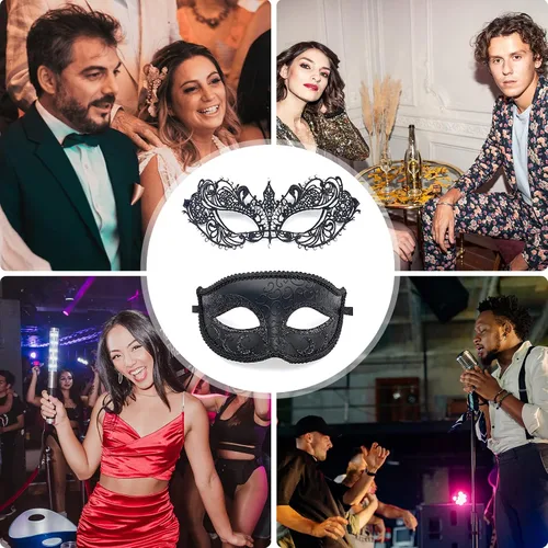 Vista 6 de Vtrem Máscara de mascarada para parejas juego de máscaras negras para fiesta de Mardi Gras para mujeres, hombres, papá, hija, graduación, pareja