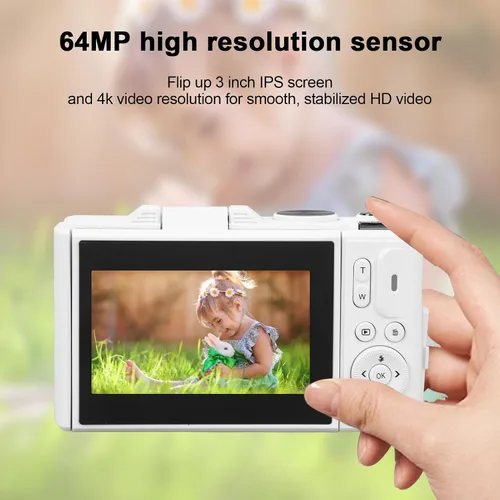 Vista 2 de Cámara digital de 64 MP, pantalla IPS de 3 pulgadas, cámara digital compacta retro de video 4K, zoom digital 18X, cámara recargable de vlogging