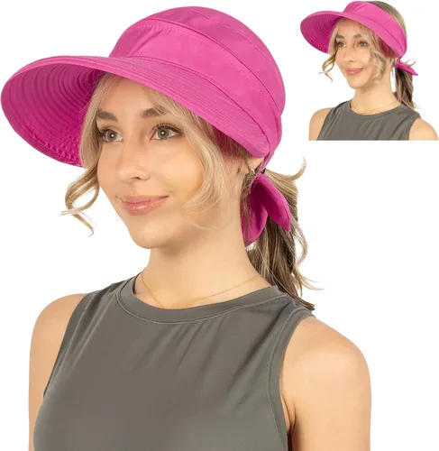Vista 55 de SUN CUBE Sombrero de sol para mujer para protección UV al aire libre, sombrero de sol de ala ancha, cola de caballo, sombrero de playa convertible