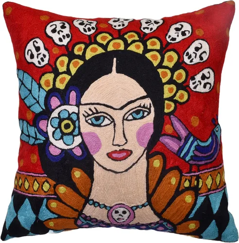 Vista 12 de Frida - Funda de almohada inspirada en el collar de arte mexicano, funda de almohada floral bordada a mano con arte hispano, cojín para silla, cojín