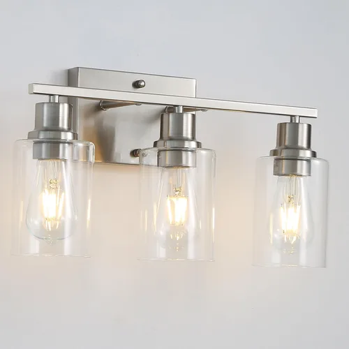 Vista 10 de Paquete de 2 lámparas de pared para sala de estar, luces de tocador de oro cepillado con pantalla de cristal, apliques de pared modernos de granja
