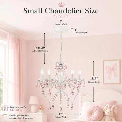 Vista 4 de Lámpara pequeña rosa y blanca para dormitorio de niñas, lámpara de techo moderna de cristal acrílico de 5 luces, mini candelabro para habitación