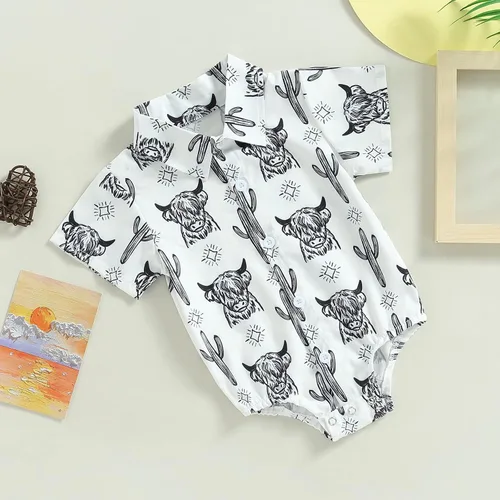 Vista 4 de Ropa occidental para bebé niño, camisa con estampado de vaca, mameluco de manga corta con botones, traje de verano de vaquero