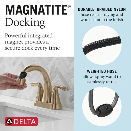 Vista 3 de Delta Arvo - Grifo central de baño extraíble, grifo dorado para lavabo de baño, grifo de baño con rociador extraíble, grifo de baño de 3 agujeros