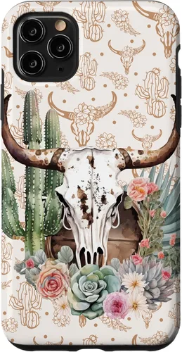 Vista 13 de Western Boho Chic Longhorn Bull Skull Cactus Beige Pattern Case for iPhone 17