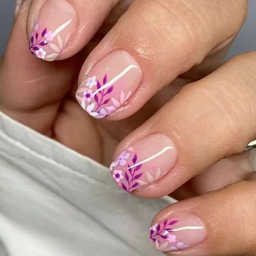 Vista 24 de Uñas postizas a presión con punta francesa, uñas postizas cuadradas cortas con diseños de cuentas de flores 3D, uñas blancas a presión, uñas Blanco