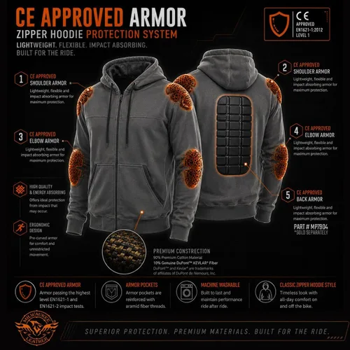 Vista 5 de Milwaukee Leather Sudadera con capucha protectora para hombre - Aramida reforzada con armadura de hombro y codo CE Grpm1788-negro
