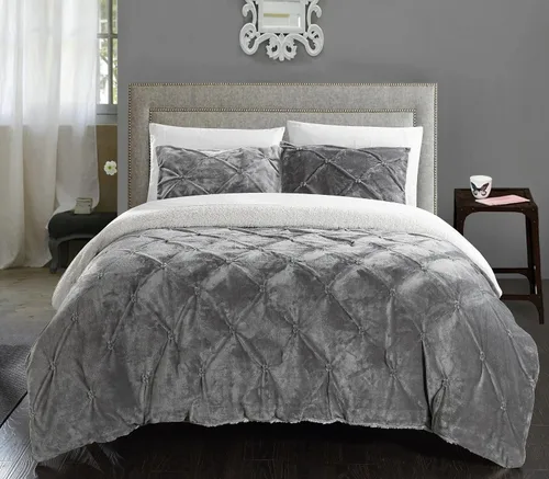Vista 6 de Chic Home CS4800-AN Josepha - Edredón plisado con volantes y frunces, forro de sherpa, beige, individual extra largo