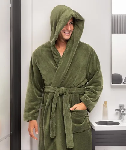 Vista 5 de Alexander Del Rossa Bata de baño de vellón afelpado suave, con capucha, para hombre, bata larga y cálida Verde militar