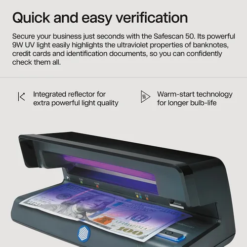 Vista 3 de Safescan Detector de billetes falsificados de 50 UV, tamaño pequeño, ligero, ideal para facturas, tarjetas de crédito, pasaportes, identificaciones