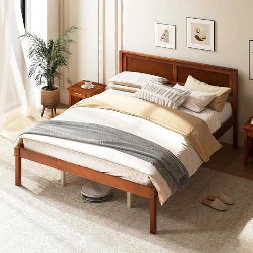 Vista 15 de Giantex Base de cama individual con cabecero, cama de plataforma de madera maciza con soporte de listones de madera, cama individual