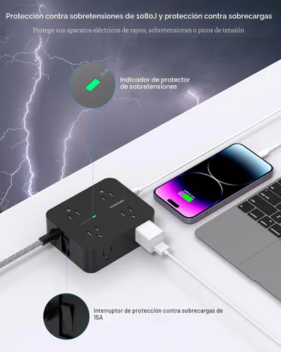 Vista 3 de Protección Contra Sobretensiones con Alargador de Corriente, HANYCONY 8 Salidas con 4 Puertos de Carga USB (2 USB C), Extensor de Salidas Laterales
