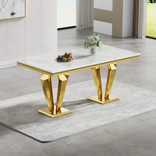 Vista 18 de Mesa de comedor de mármol negro para 4, 6, 70 pulgadas, moderna mesa de comedor de cocina dorada con base de acero inoxidable con diseño