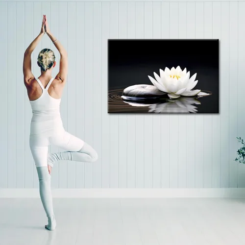 Vista 5 de GLOKAKA Arte de pared de flor de loto blanco zen, loto blanco y negro en piedra de spa y agua, lienzo impreso para yoga, meditación, sala de baño