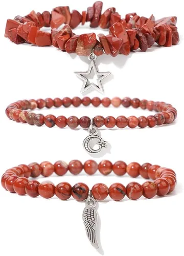 Vista 12 de Juego de 3 pulseras de cuentas de piedra natural para mujeres y hombres, estrellas y luna, alas de ángel, juego de pulseras curativas de reiki