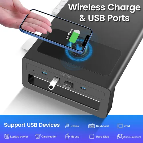 Vista 2 de Vaydeer Soporte de monitor doble, elevador de monitor doble con cargador inalámbrico y 4 puertos USB 3.0 Hub, elevador de escritorio de metal para 2