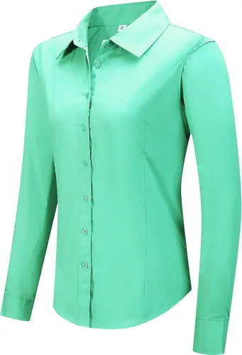 Vista 22 de Blusa de trabajo con botones para mujer, de algodón elástico, manga larga, ajuste delgado