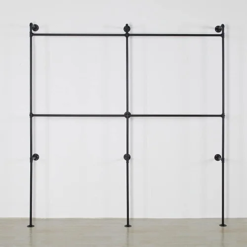 Vista 5 de Perchero industrial para ropa de tubería resistente, doble barra de armario, barras de ropa para colgar ropa, montaje en la pared, sistema