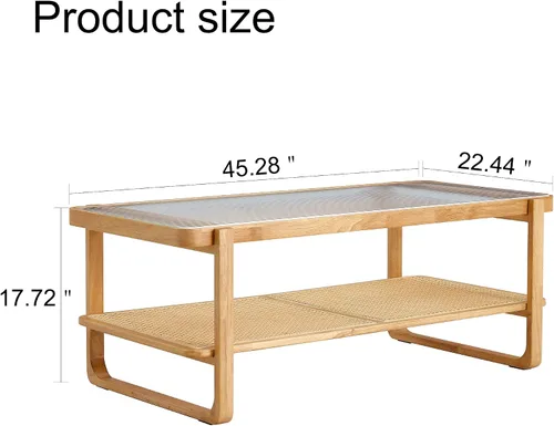 Vista 2 de TesNus Mesa de centro de madera maciza, moderna mesa de centro de ratán con estante de almacenamiento de 2 niveles, mesa de centro rectangular