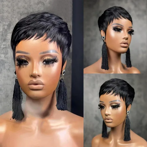 Vista 10 de YJOQOKOA Peluca corta de cabello humano estilo Bob para mujeres negras, pelucas de cabello humano con corte Pixie, sin pegamento, sin encaje