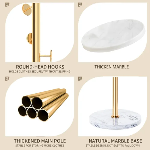 Vista 2 de Perchero Moderno de Metal con Base de Mármol Natural, Perchero Resistente Independiente con 8 Ganchos, Percheros Dorados de Pie Soporte Tipo Árbol