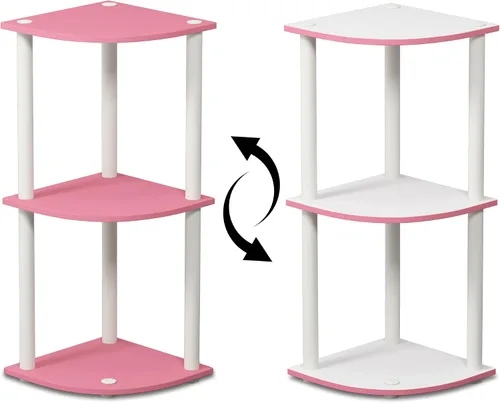 Vista 4 de Furinno Turn-N-Tube Estante de exhibición esquinero reversible de 3 niveles, estantería multiusos, rosa/blanco y Turn-N-Tube Estante compacto