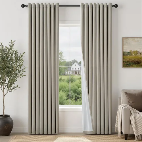 Vista 26 de Cortinas de 100 pulgadas extra anchas 100% opacas marfil con ojales, lino Natural