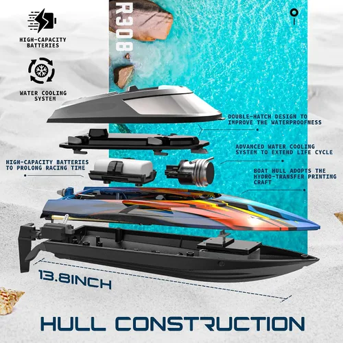 Vista 2 de ALPHAREV Barco RC - R308 32+ KPH - Barco de control remoto rápido para piscina y lago con maleta portátil, barcos RC de carreras de 2.4 GHz